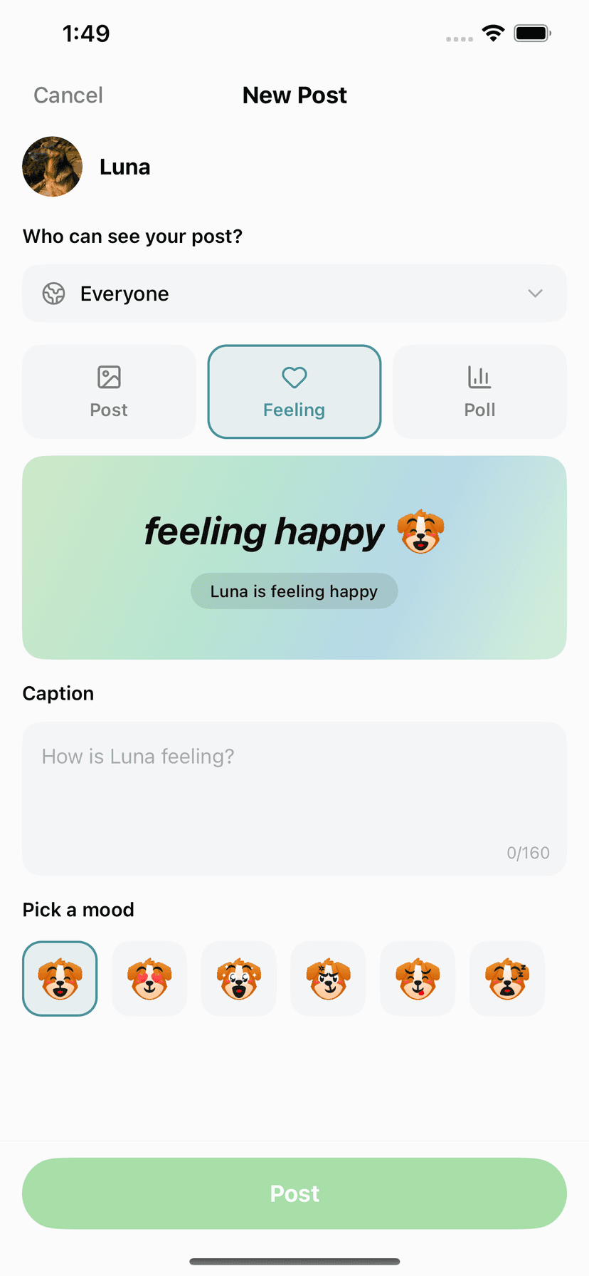 Paw Social new post screen for sharing a dog’s feeling